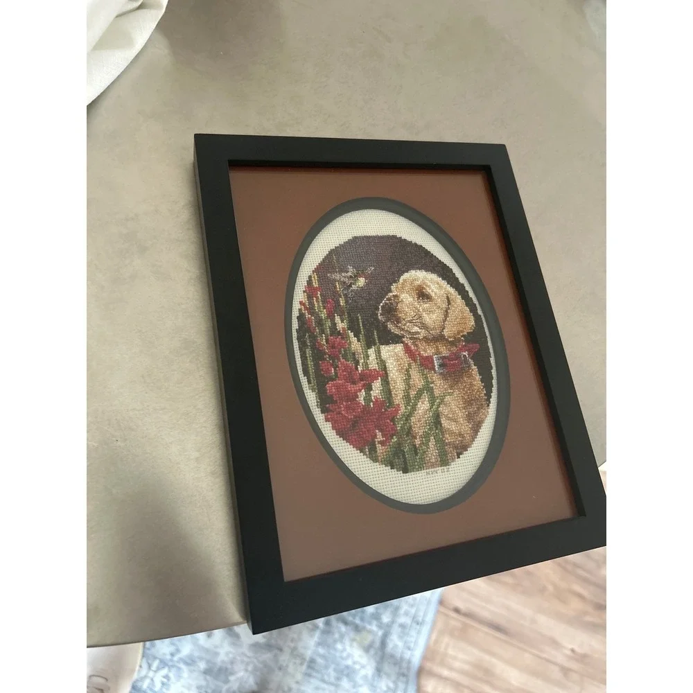 Framed Yellow Labrador Puppy Cross Stitch Art Hummingbird Flowers 7x9 Black Fram